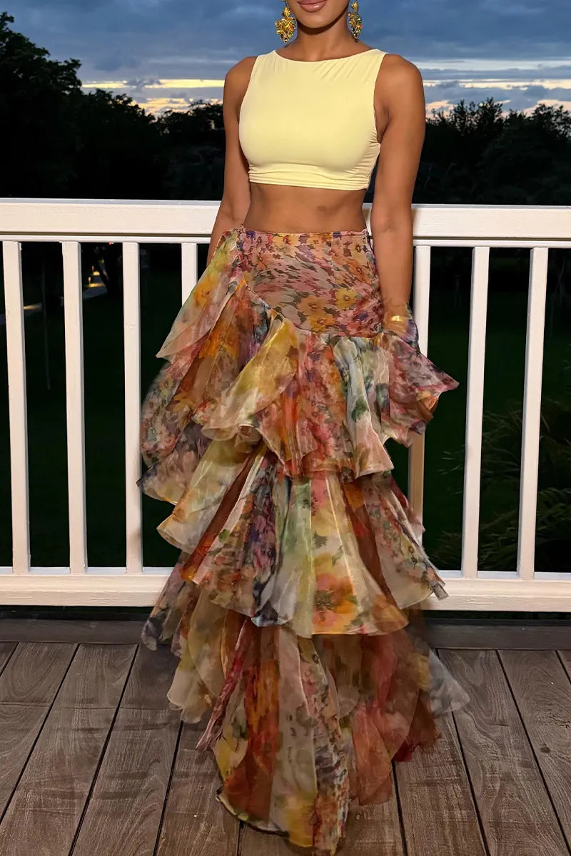 Women Watercolor Floral Print Organza Multi Layer Ruffle Asymmetrical Midi Skirt