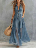 Women's Retro Lapel Denim Organza Patchwork Art Casual Maxi Dress