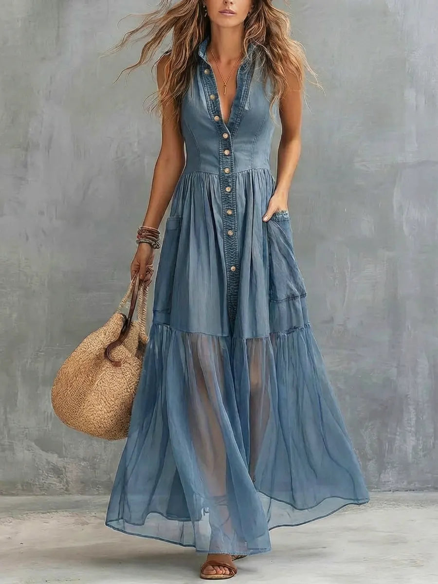 Women's Retro Lapel Denim Organza Patchwork Art Casual Maxi Dress