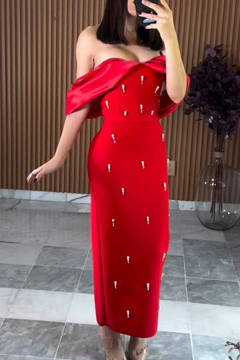 Women's Elegant Off Shoulder Beaded Strapless Maxi Dress