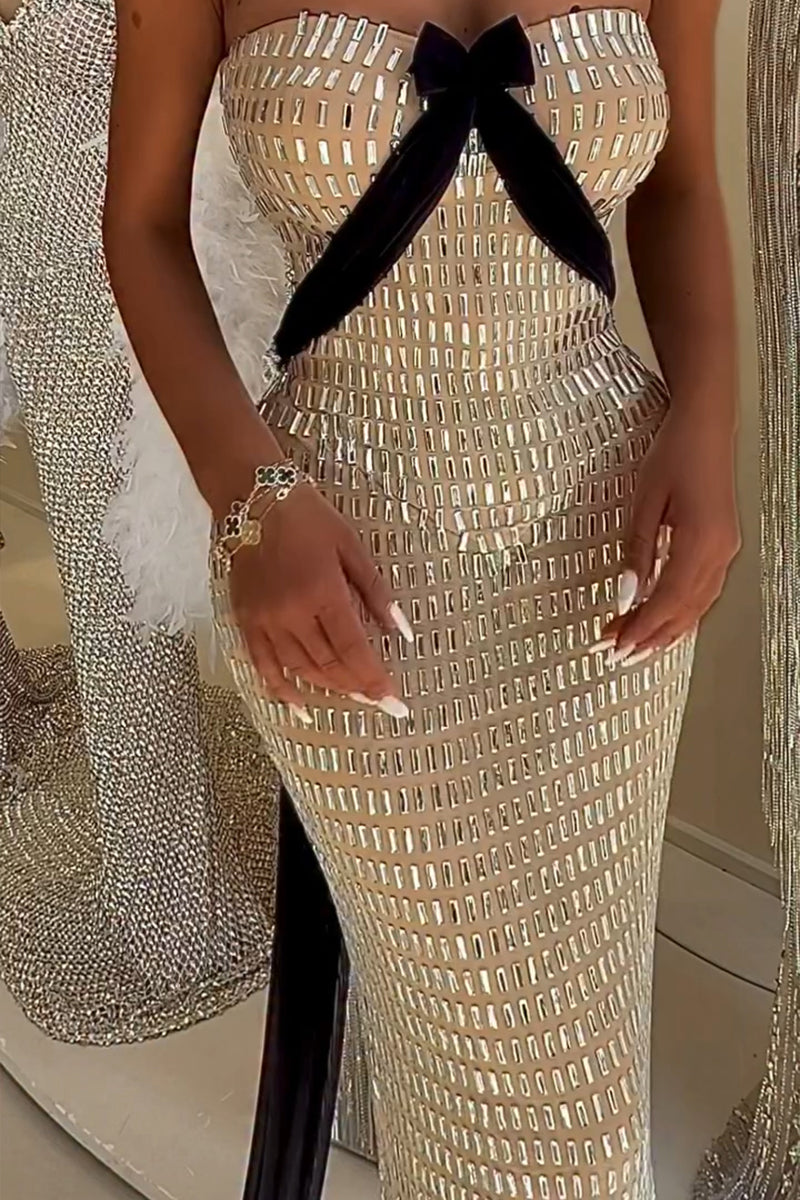 Women's Party Elegant Shiny Rhinestone Bow Streamer Gown Maxi Dress