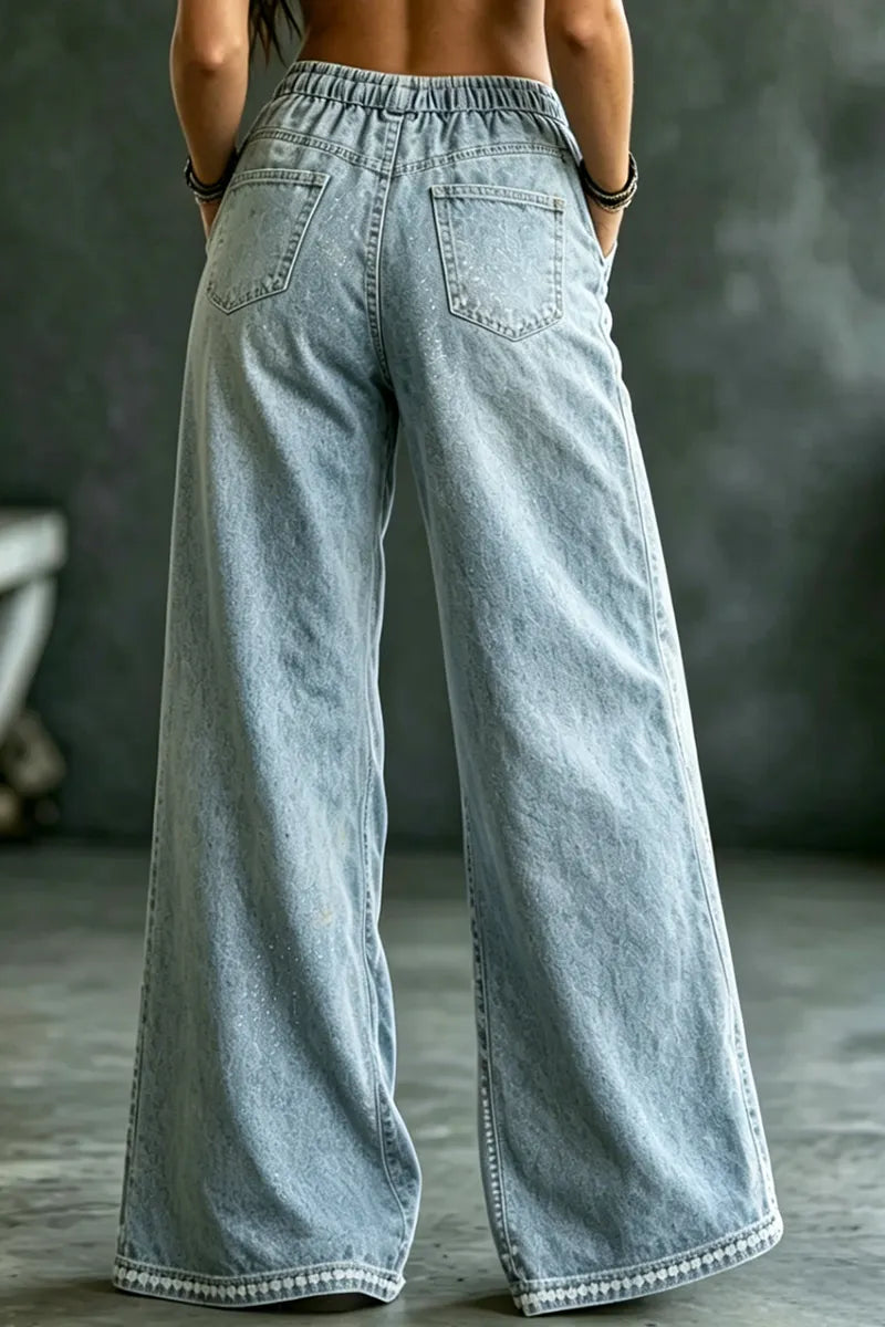 Women's Casual Embroidered Pattern Print Rhinestone Jeans