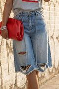 WomenHigh Waist Front Drawstring Destroyed Ripped Raw Frayed Hem Wide Leg Denim Bermuda Capri Shorts