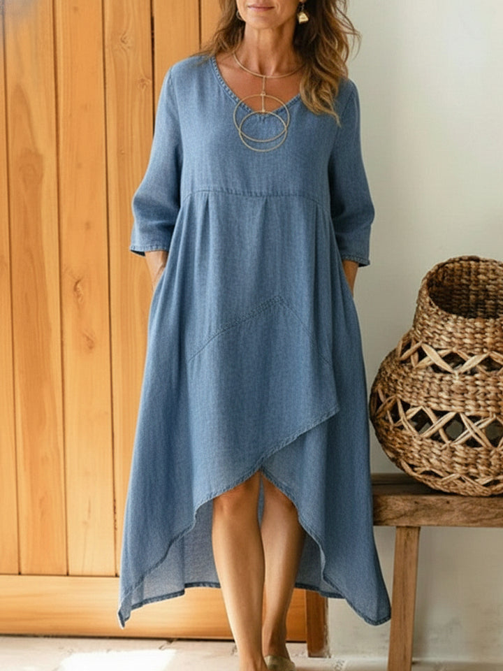 Casual V-neck Irregular Hem Denim Cotton Dres
