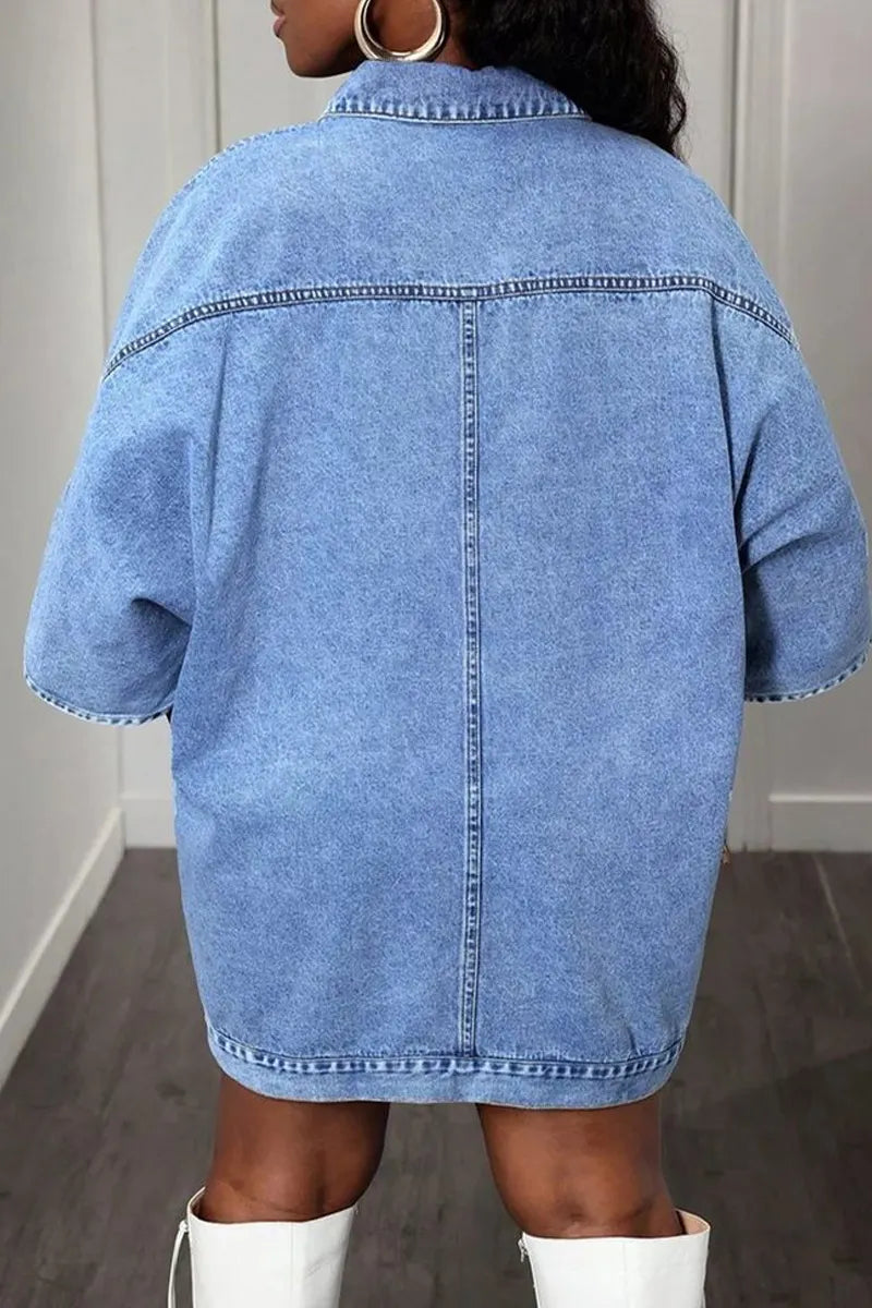 Women Casual Oversized Batwing Short Sleeve Button Down Denim Shirt Mini Dress