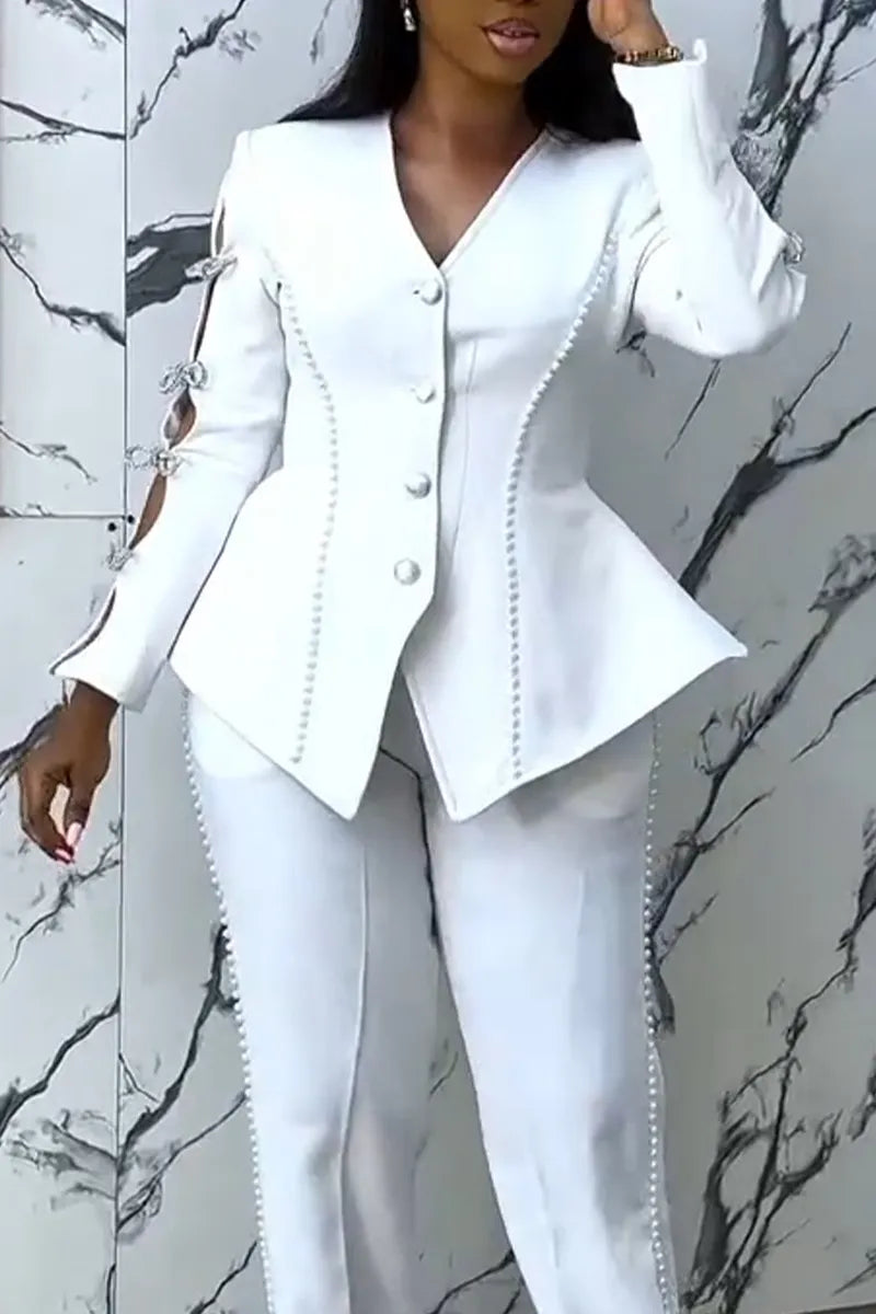 Women's V-neck Nail Bead Sleeve Bow Hollow Jacket or Pants