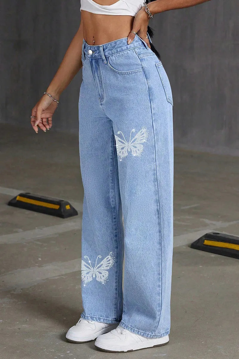 Women's  Rhinestone Butterfly Design Jeans