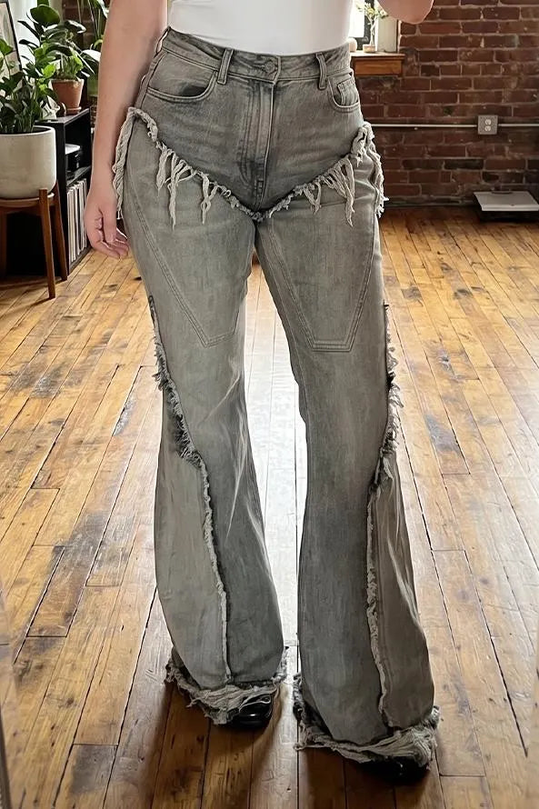Women's Vintage Washed Wide Leg Flare Jeans High Waisted Distressed Raw Hem Fringe Seam Y2K Baggy Denim Pants