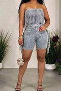 Women's Denim Fringe Romper with All-Over Fringe Trim & Acid-Wash Finish