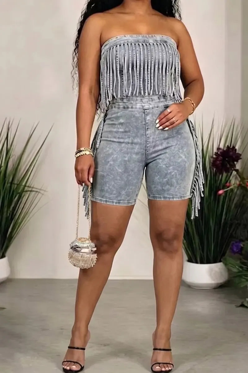 Women's Denim Fringe Romper with All-Over Fringe Trim & Acid-Wash Finish