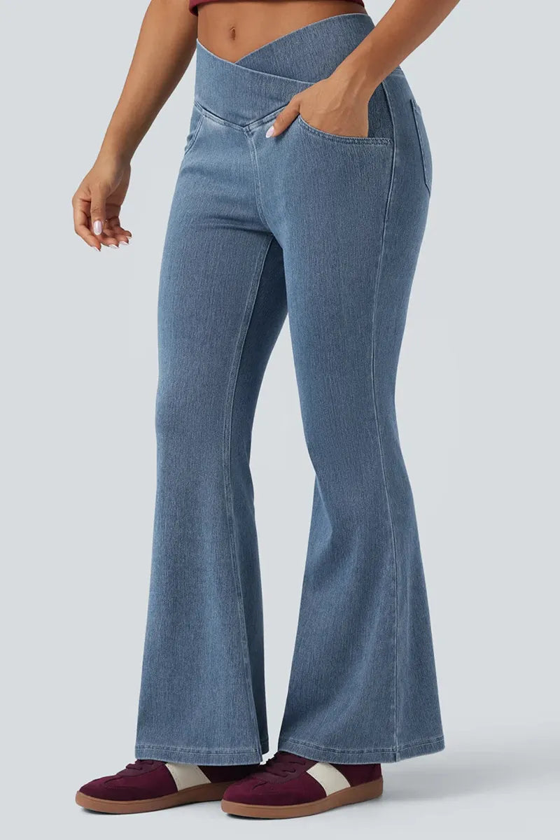 Women's High Waist Cross Over Flared Jeans With Elegant Draping