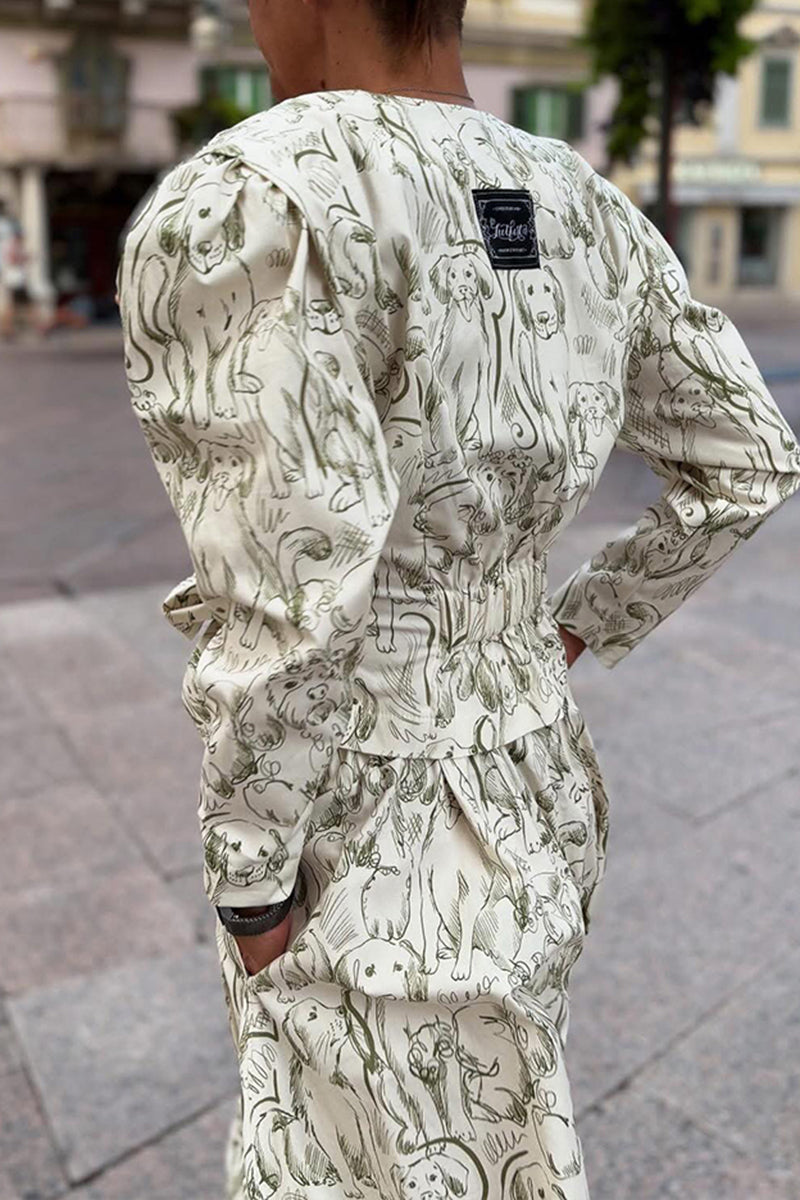 Women's Fashion Pattern Print Leg of Mutton Sleeve Jacket or Loose Pants