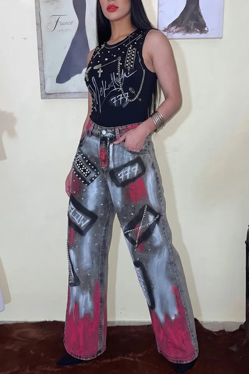 Women's Street Fashion Graffiti Chain Trim Jeans