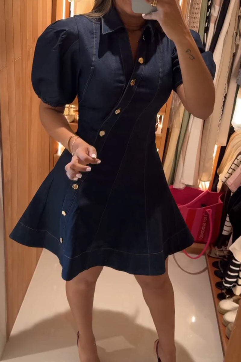Women's Collar and Buckle Splicing Elegant Casual Denim Dress