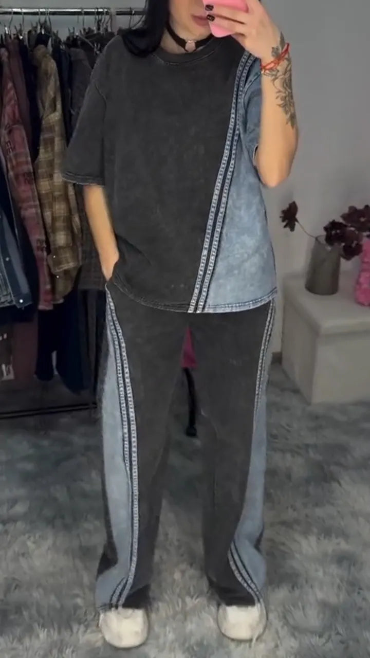 Women Round Neck Patchwork Casual Suit