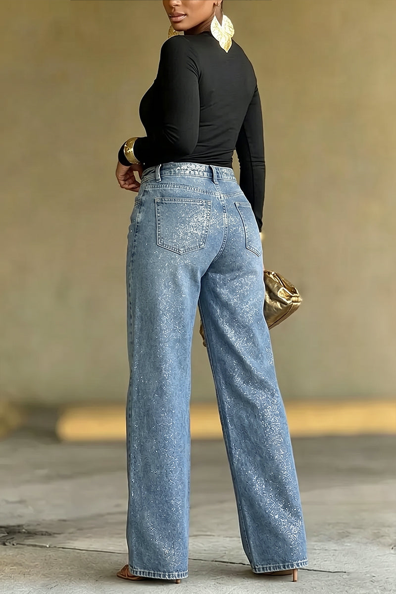 Women's Fashion Sparkly Gold Foil Wide-Leg Jeans