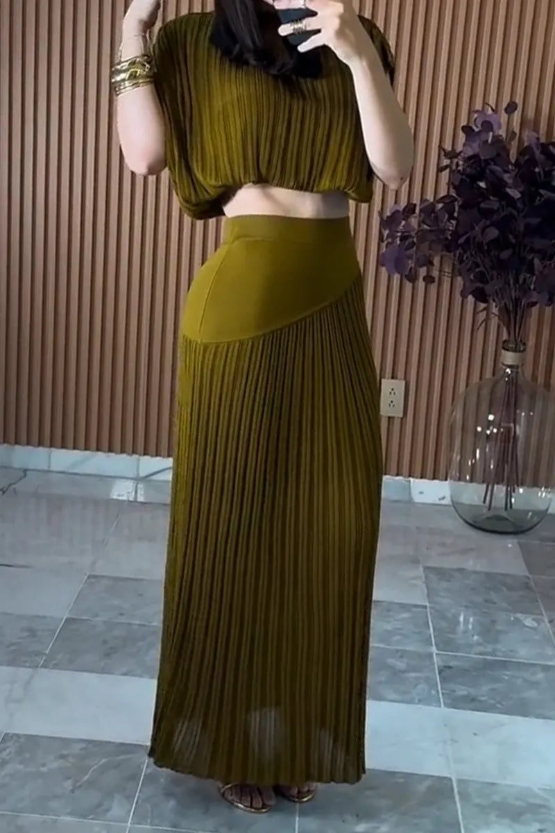 Women's Round Neck Top+ Patchwork Skirt Solid Color Elegant Casual Set
