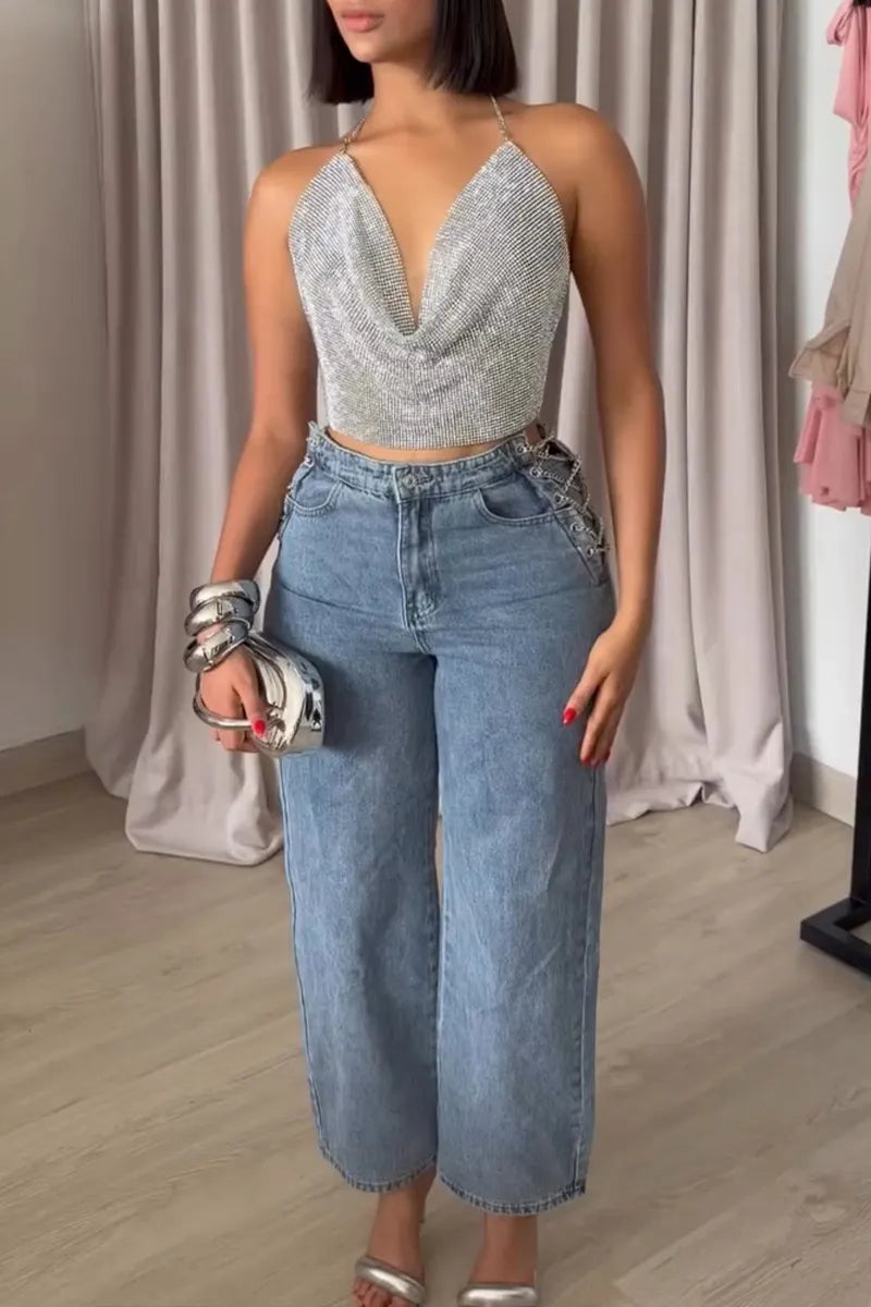 Women's Fashion Halter Vest or Side Chain Jeans