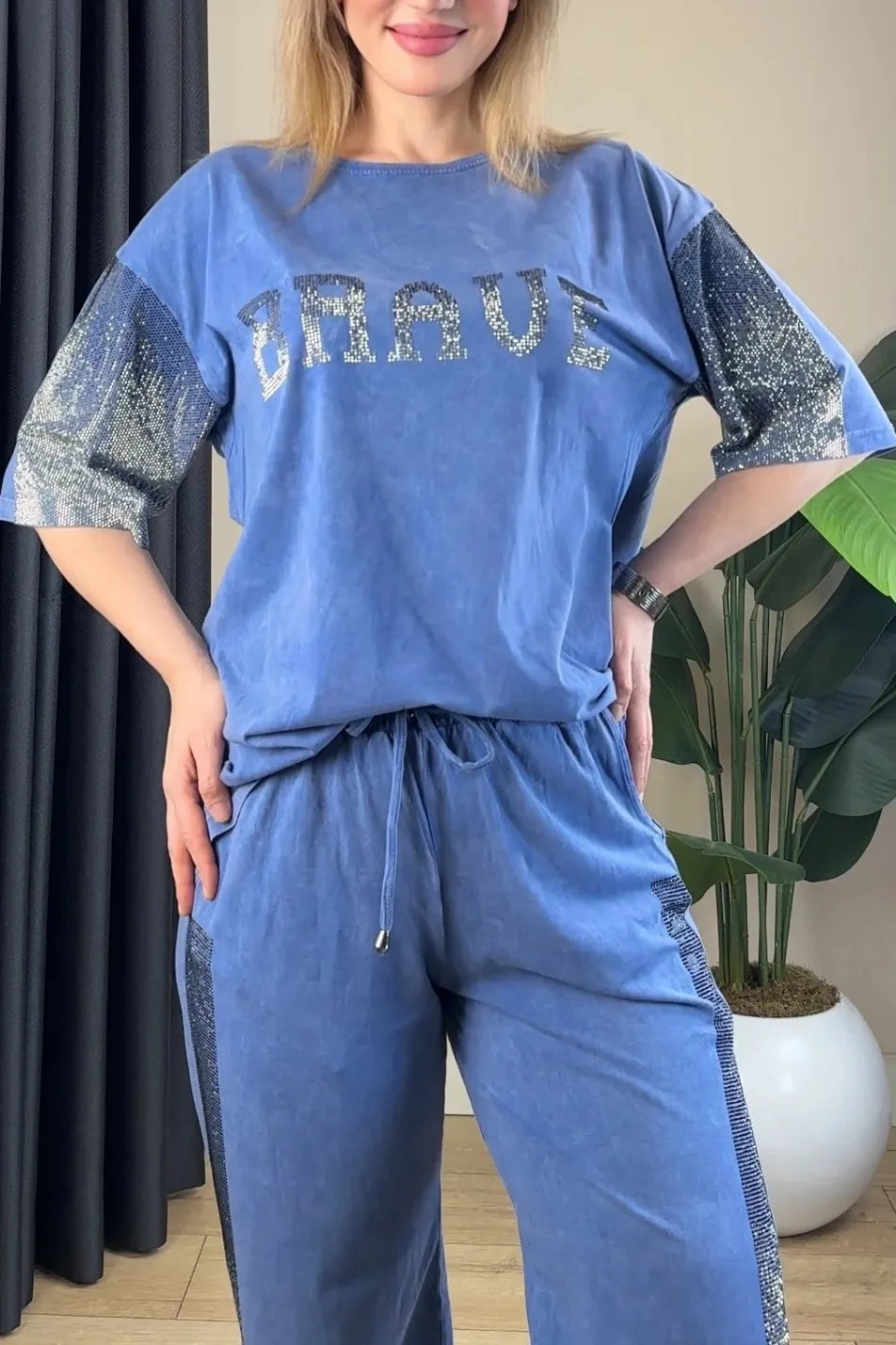 Women's Casual Letter Gradient Rhinestone Knit T-Shirt & Pants