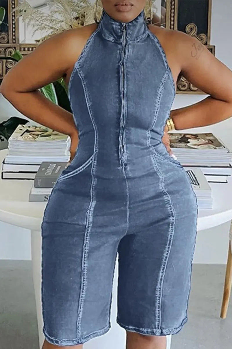 Hot Selling Women's Casual Zipper Denim Short Jumpsuit
