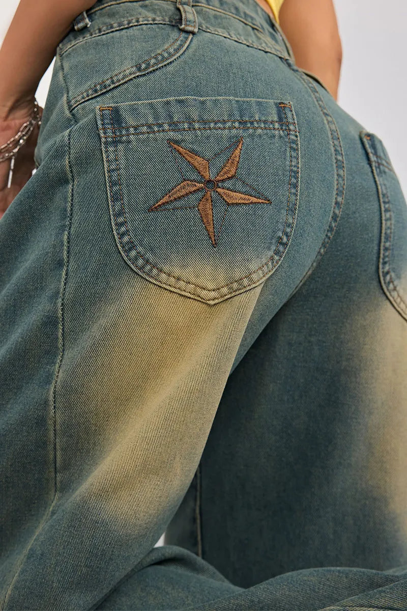 Women's Vintage Washed Loose Fit Jeans With Embroidery