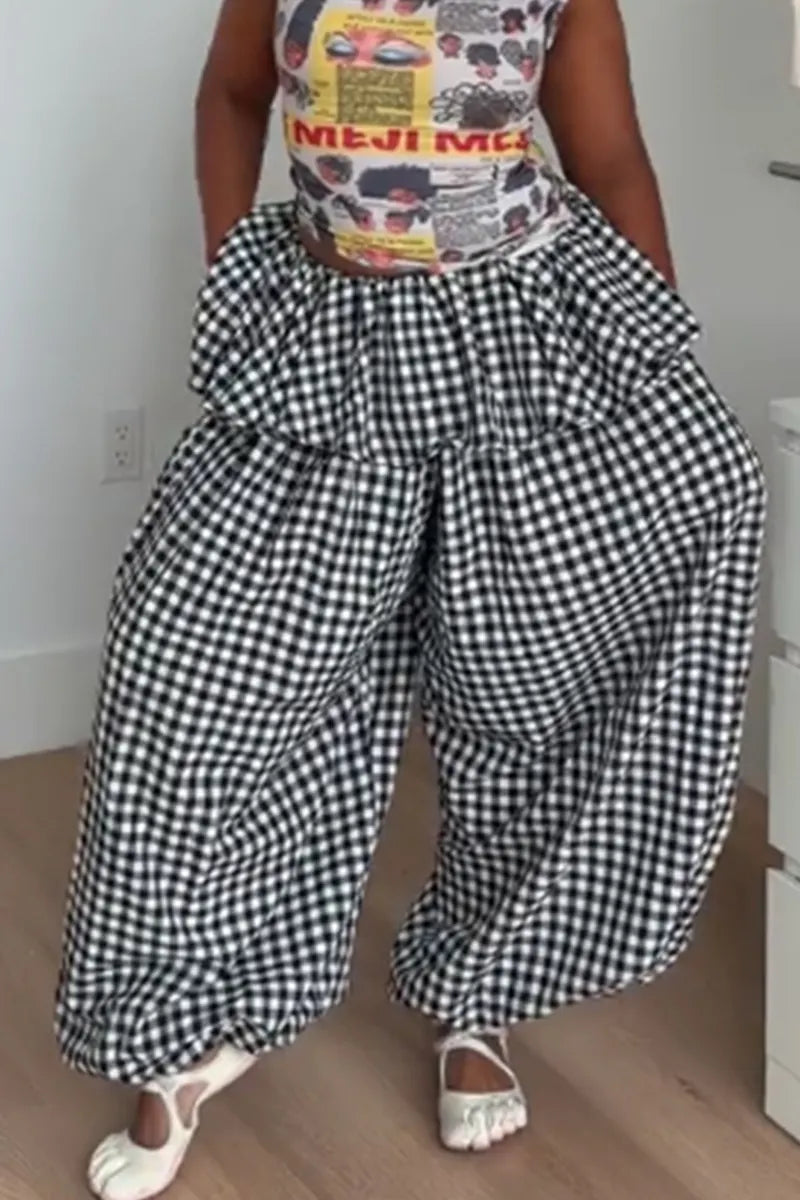 Women's Casual Printed Wide Leg Trousers With Ruffles