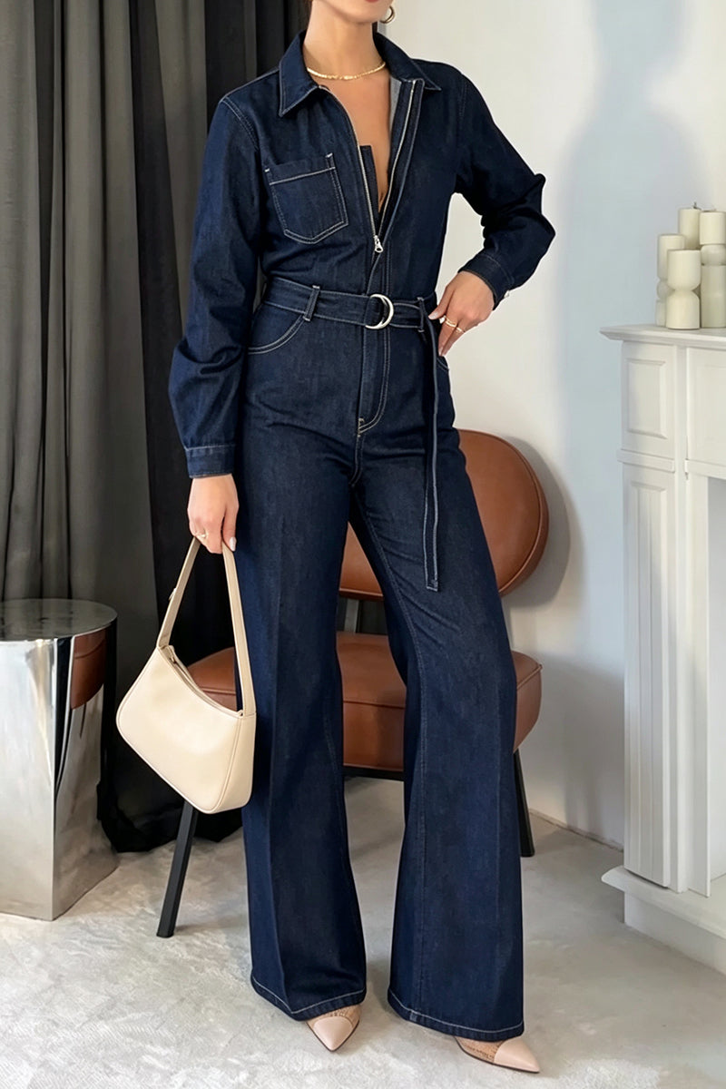 Women's Casual Versatile Long Sleeve Denim Jumpsuit with Belt