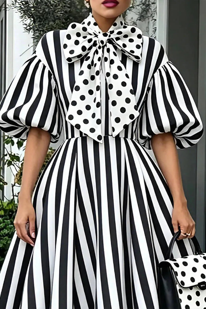 Women's Round Neck Patchwork Vertical Stripe Elegant Temperament Dress