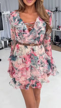 Women V-neck Long Sleeved Patchwork Print Elegant Casual Dress