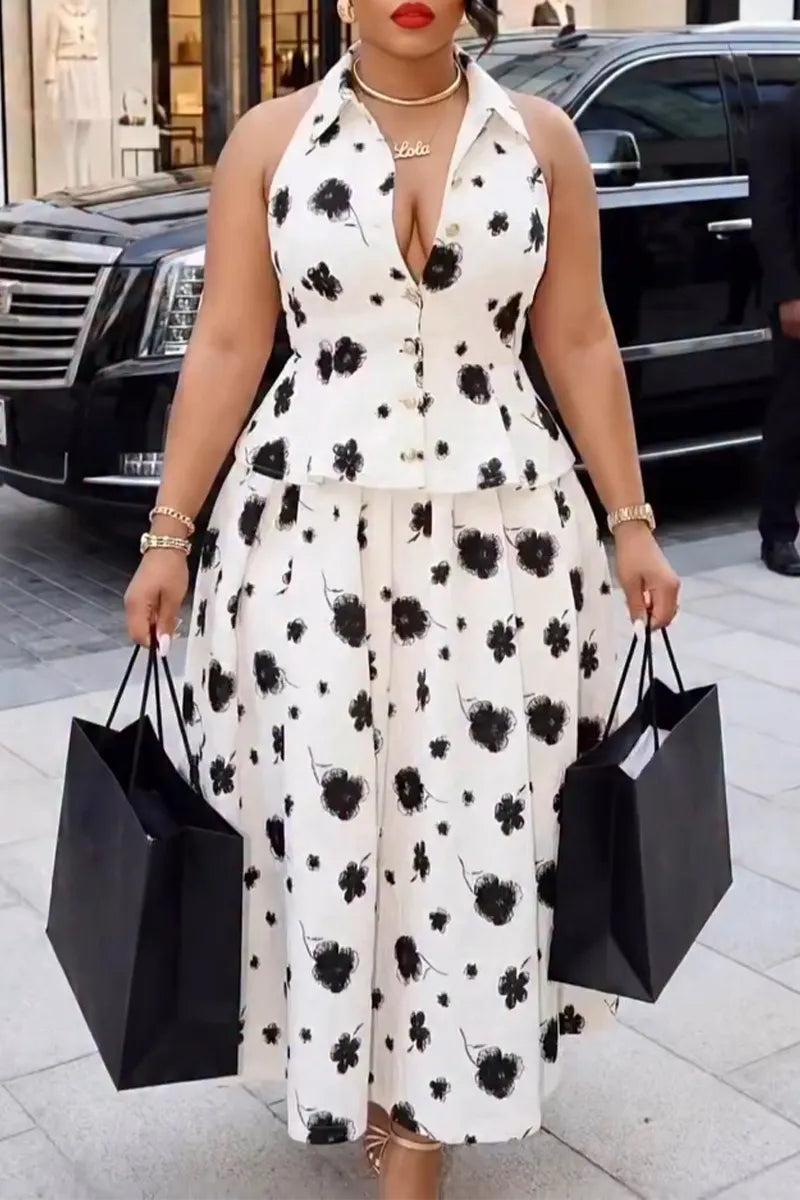 Women's Elegant Button Floral Vest A-Line Skirt Two-Piece Set