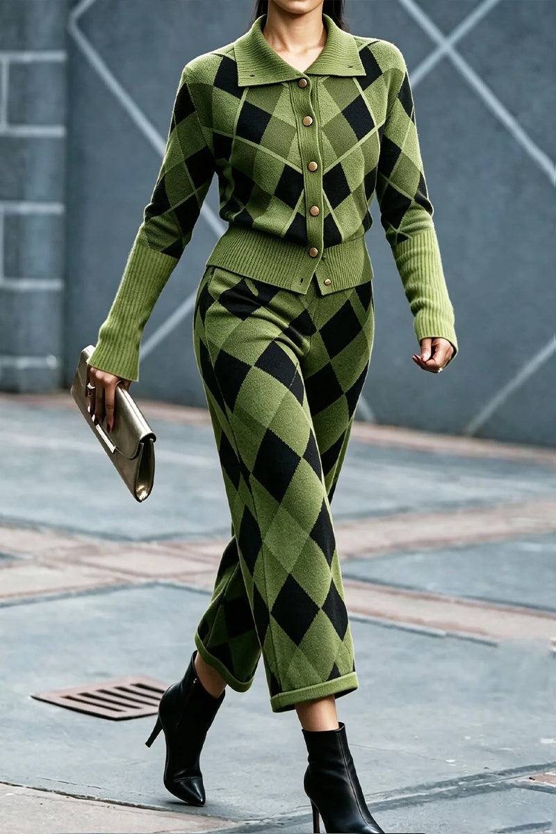 Women's Casual Collar Knitted Plaid Top or Pants