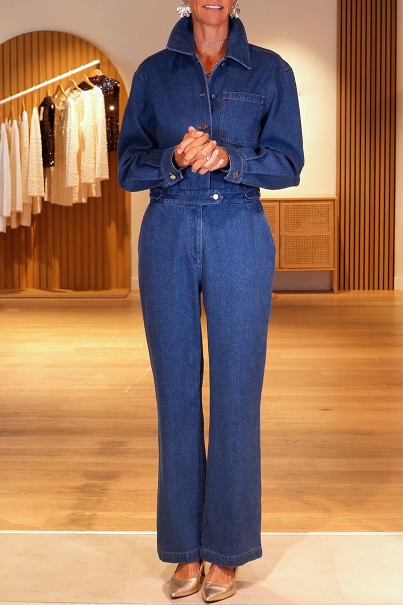 Women's Collar Patchwork Back Hollow Out Temperament Casual Denim Jumpsuit