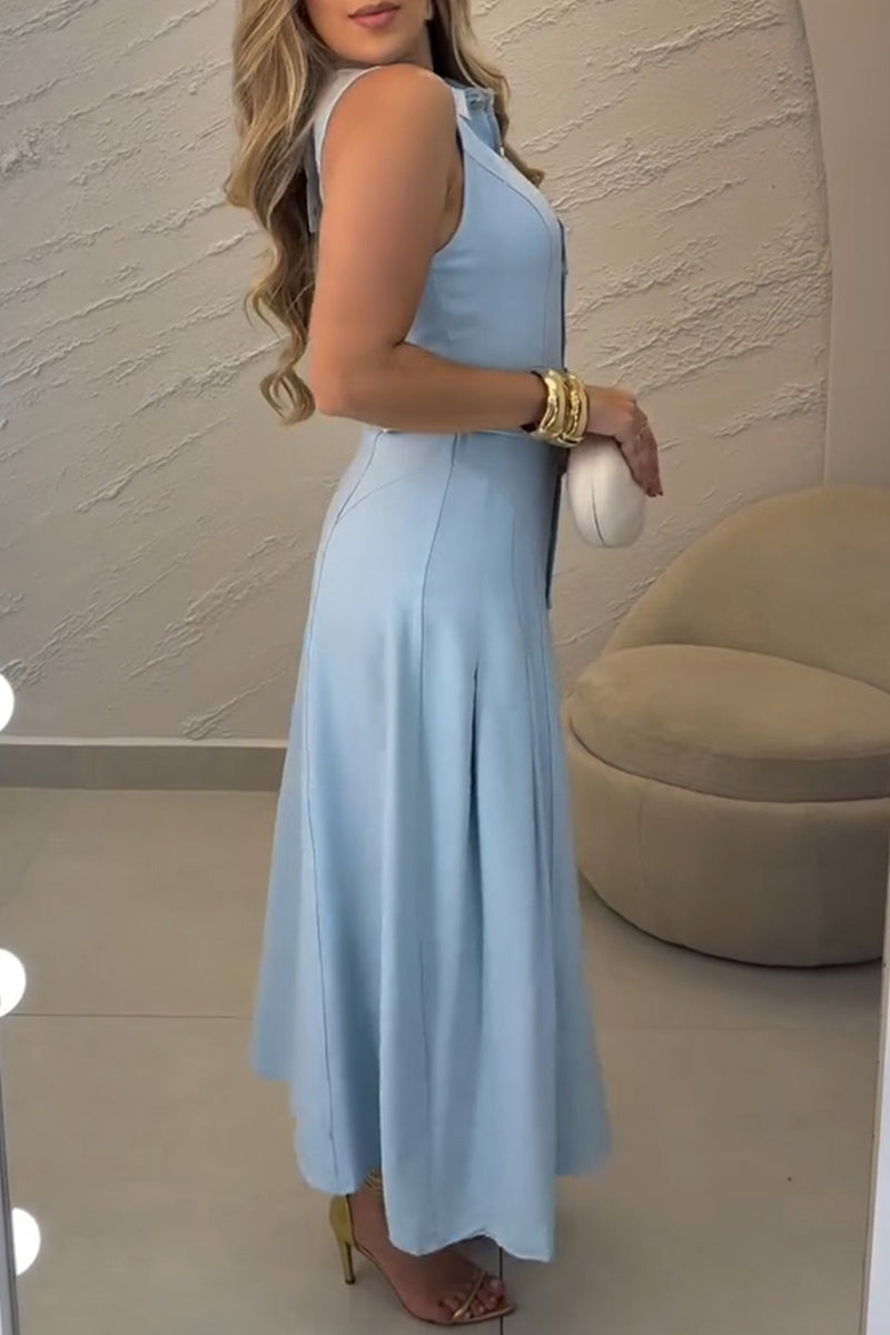Women's Casual Button Sleeveless Midi Dress with Belt