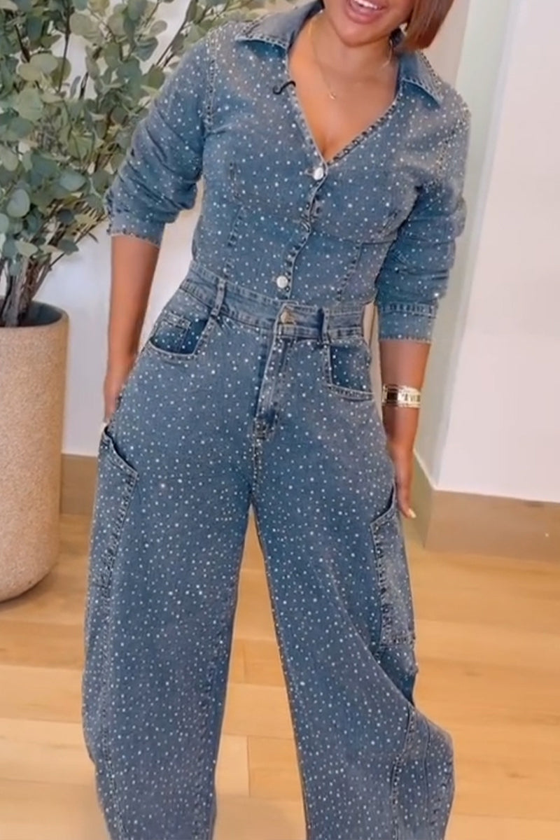 Women's Fashion Rhinestone Decoration V-Neck Denim Jacket or Jeans