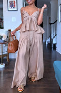 Women's Vacation V-Neck Vest Wide Leg Pants Pleated Two-Piece Set