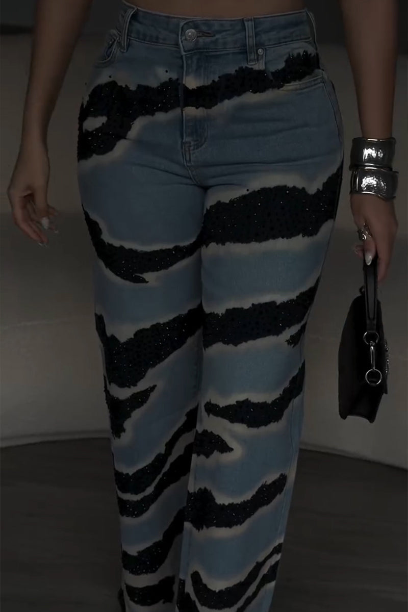 Women's Fashion Pattern Rhinestone Decoration Wide Leg Jeans