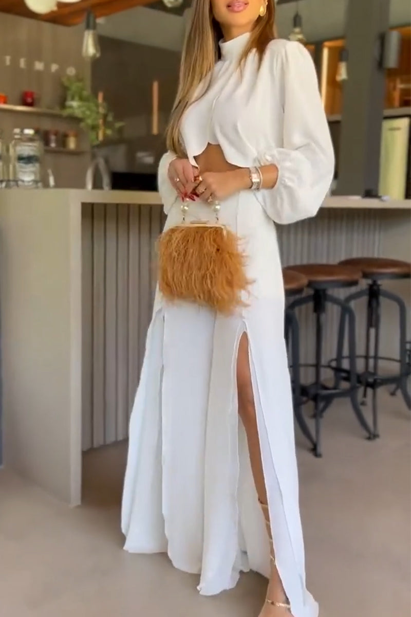 Women's Round Neck Irregular Top+ Slit Pants Solid Color Casual Suit