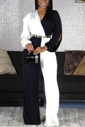 Women's Formal Two-Tone Jumpsuit with Belted Waist & Wide-Leg Pants