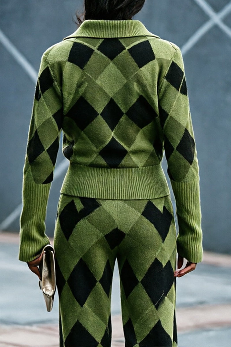 Women's Casual Collar Knitted Plaid Top or Pants