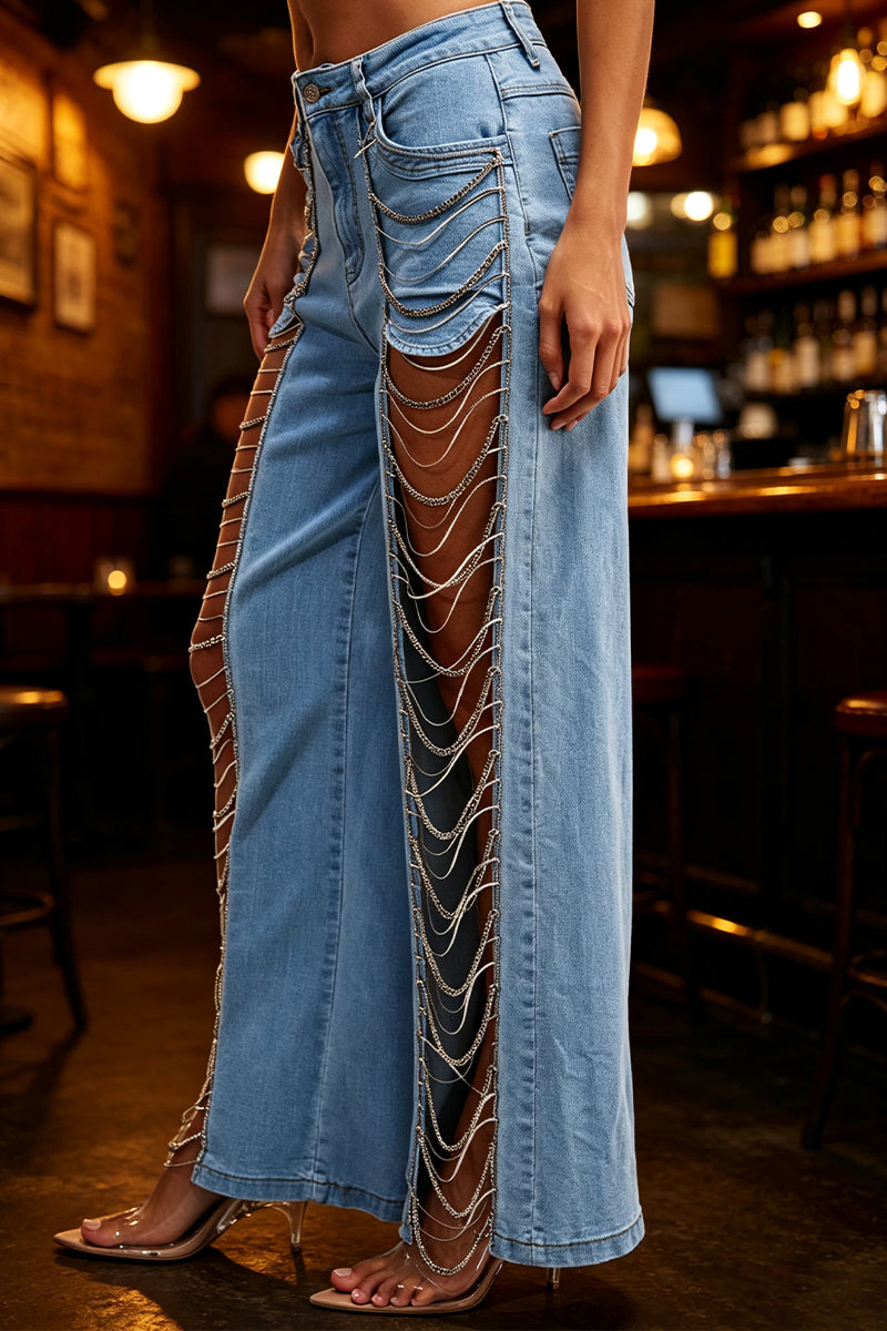 Women's Hollowed Out Chain Splicing Casual Jeans