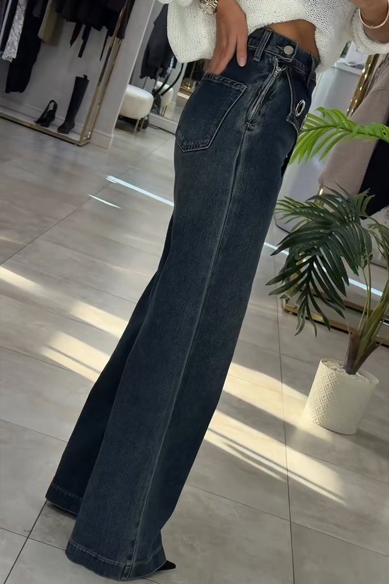 Women's Fashion Asymmetric Metal Hollow-Out Decoration Wide Leg Jeans
