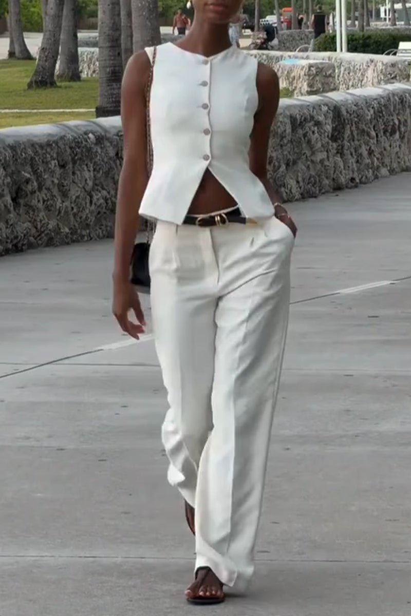 Women's Round Neck Sleeveless Breasted Top+ Pants Casual Suit