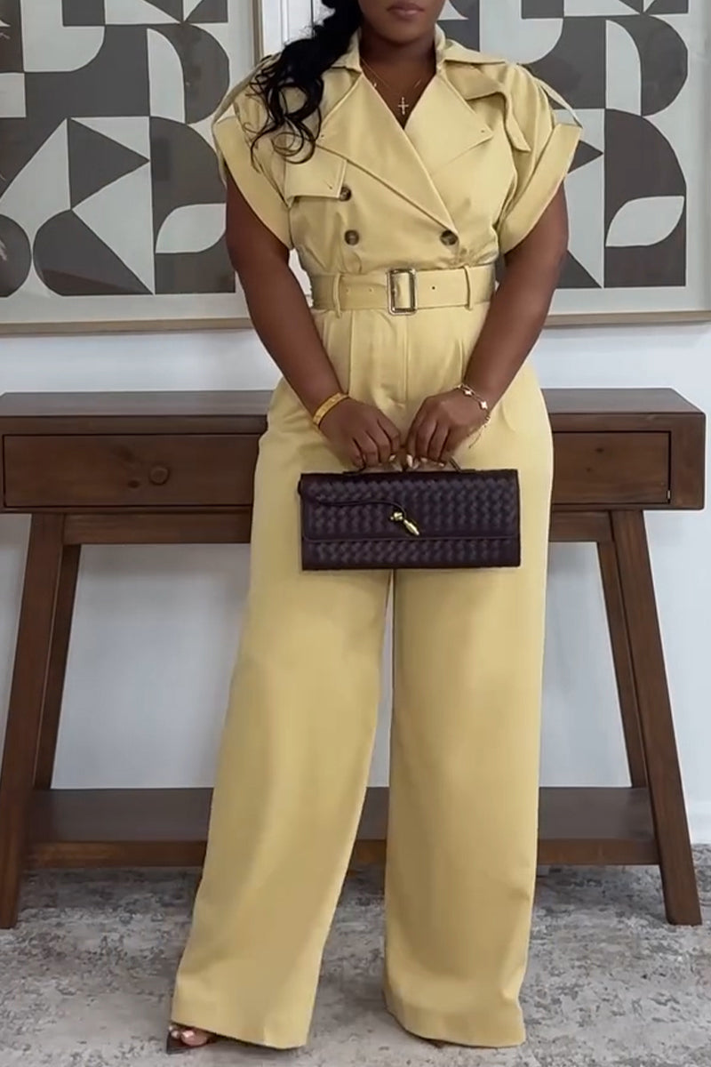 Women's Casual Commuter Lapel Double-Breasted Long Jumpsuit with Belt