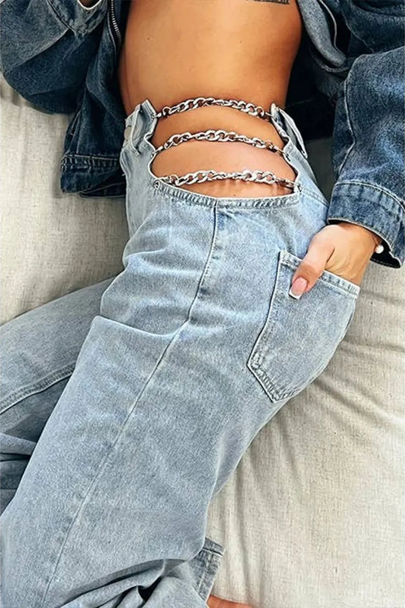 Women's Loose Straight Jeans with Chain-Link Cut-Out Design