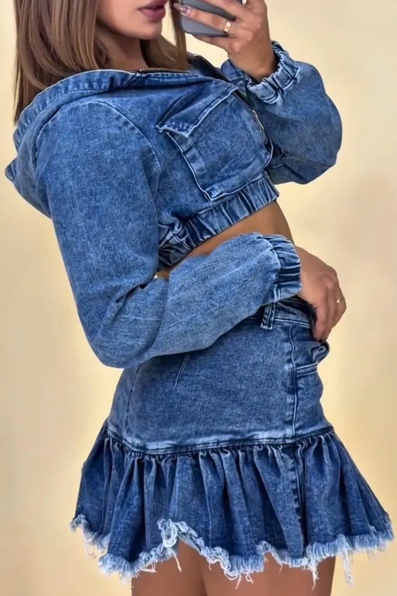 Women's Vintage Wash Hooded Jacket With Raw Hem Denim Skirt Sets