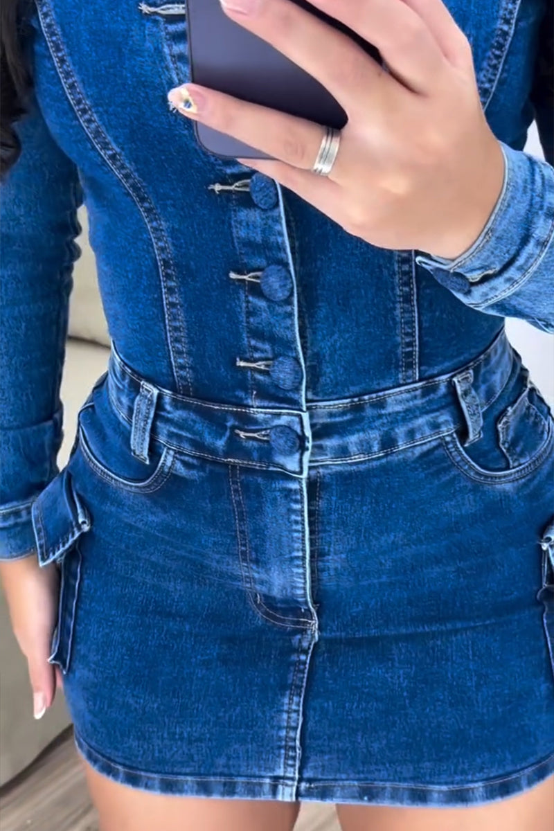 Women's Casual Button Cargo Pocket Denim Mini Dress