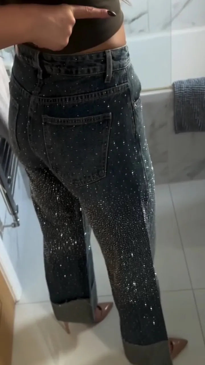 Women High Waisted Rhinestone Spliced Casual Jeans