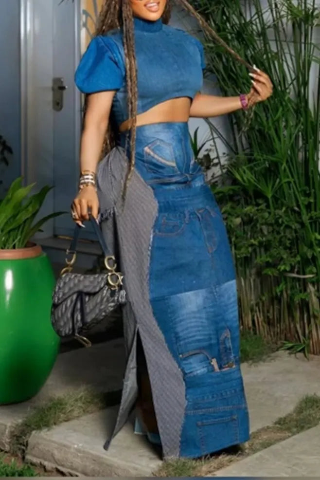 Women's Street Fashion Denim Top & Panel Skirt