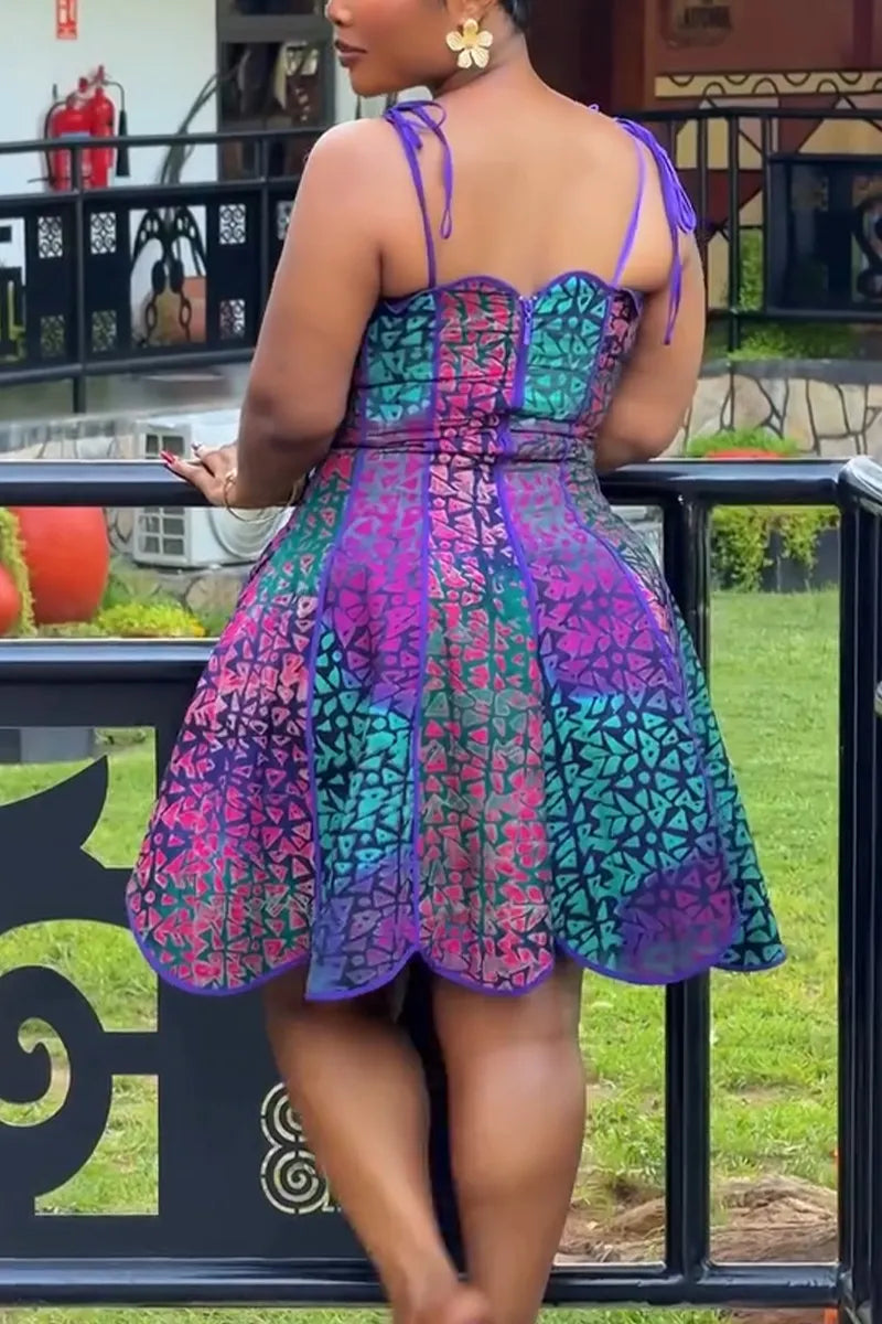 Women Spaghetti Strap Patchwork Printed Waist Cinching Elegant Casual Dress
