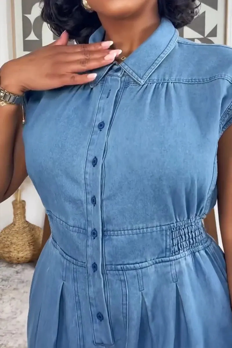 Women's Casual Wide Shoulder Hem Drawstring Denim Jumpsuit